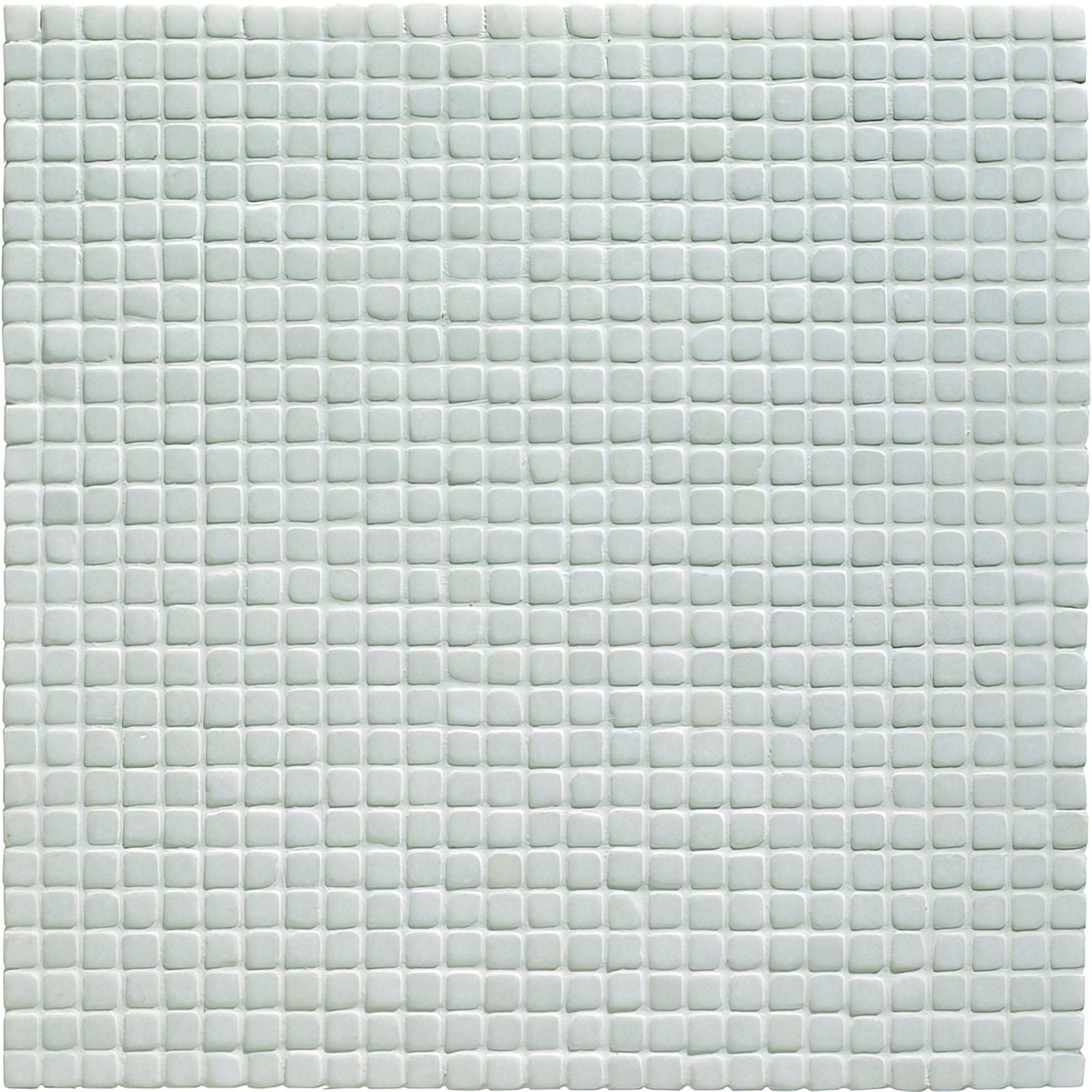 A bianco 1.0 venetian stone mosaic tile featuring small uniform white glass squares in a grid pattern