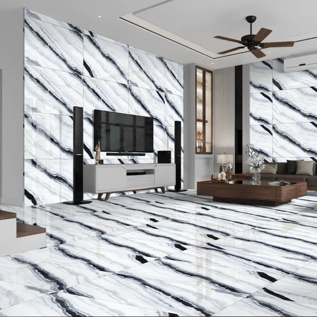 Bianco lasa 60 x 120cm black and white marble patterned glossy floor tiles made of polished natural stone
