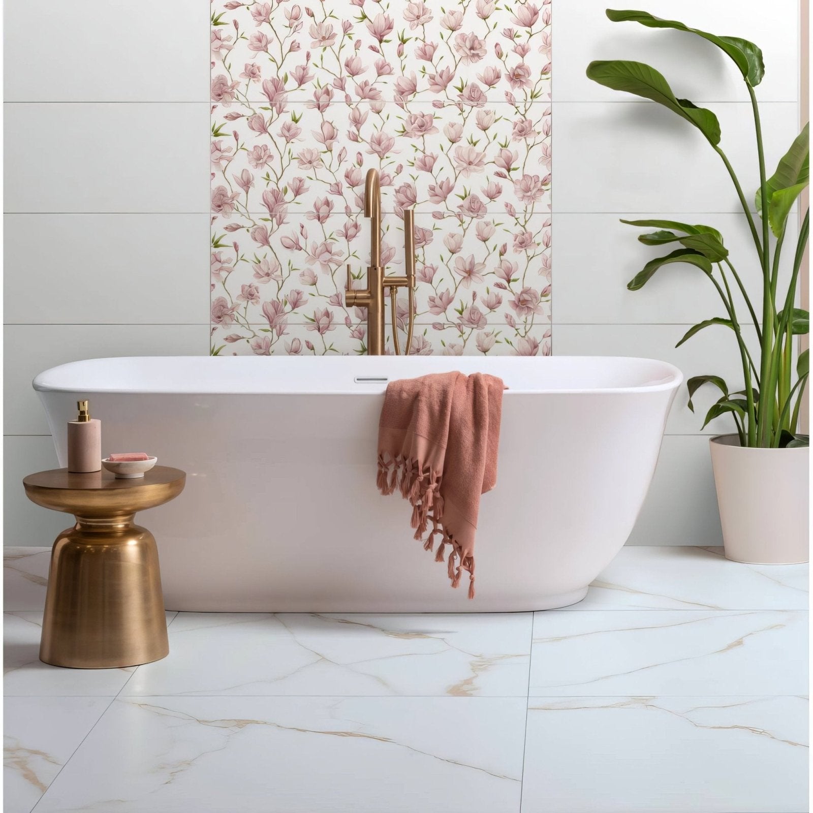 Bianco Oro Matt 90 x 90cm white marble-effect tiles with a white freestanding bathtub