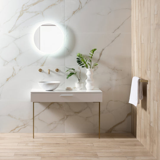 Bianco Oro Polished Porcelain 60 x 120cm white marble-effect porcelain with a gold-legged marble vanity