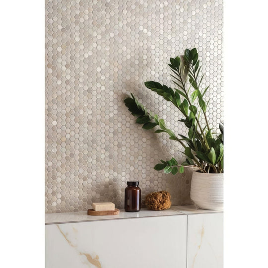 Bianco Oro Polished Porcelain 90 x 90cm white marble-effect porcelain with a hexagonal mosaic feature wall
