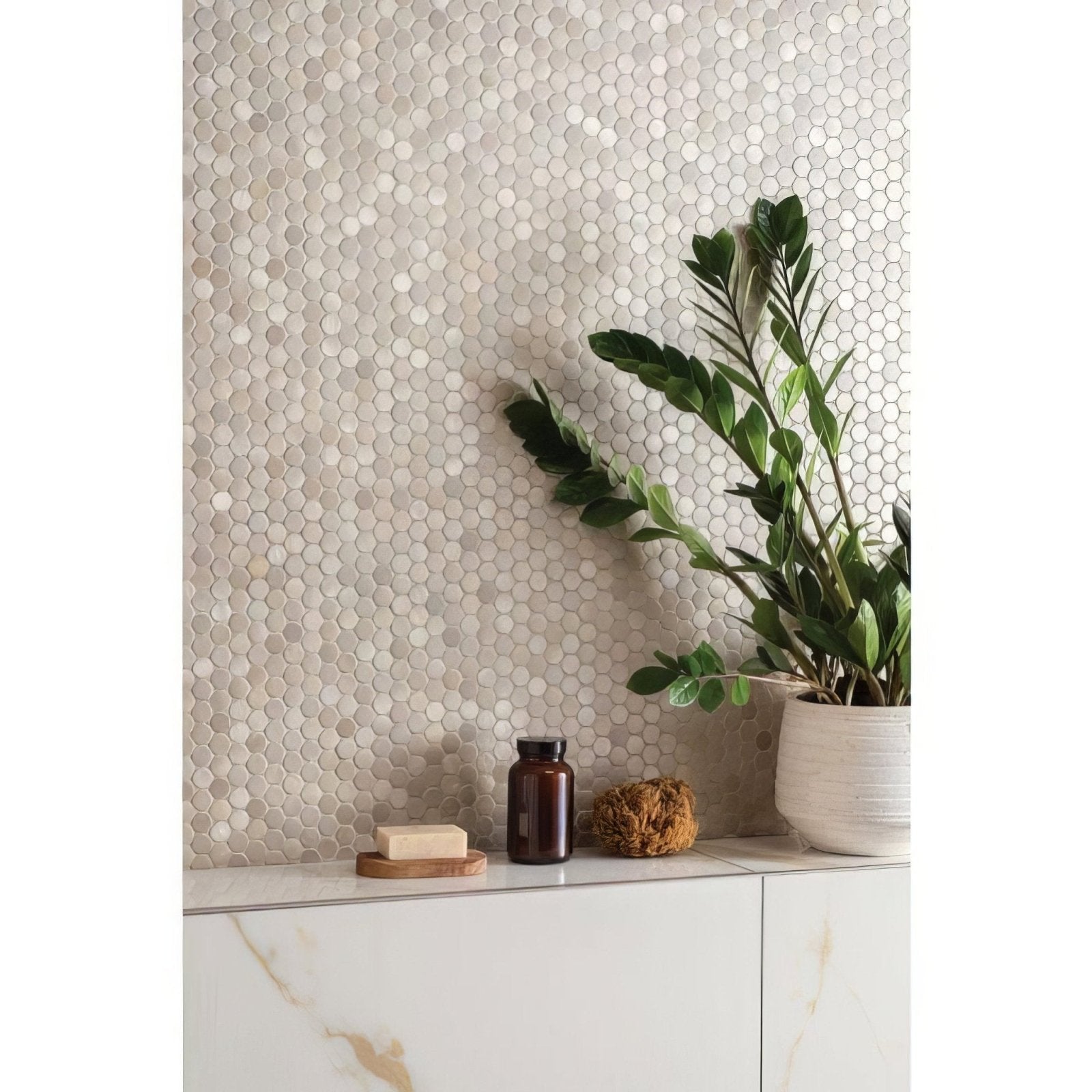 Bianco Oro Polished Porcelain 90 x 90cm white marble-effect porcelain with a hexagonal mosaic feature wall