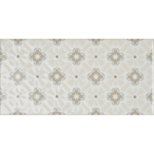 Beige and gray quatrefoil patterned ceramic tile with subtle star accents from bicton on helmingham vintage collection