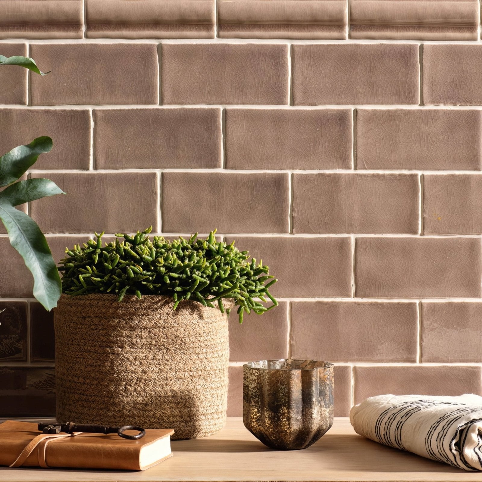 A textured woven jute pot holding a lush green succulent plant in the brick tile birch collection