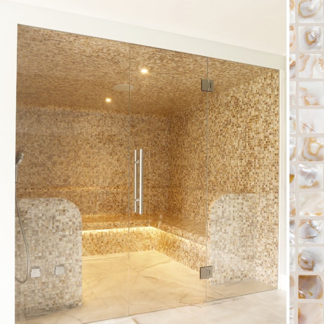 Gold-toned biscotti 25mm square mosaic tile sauna with glass doors and built-in bench for luxury relaxation spaces