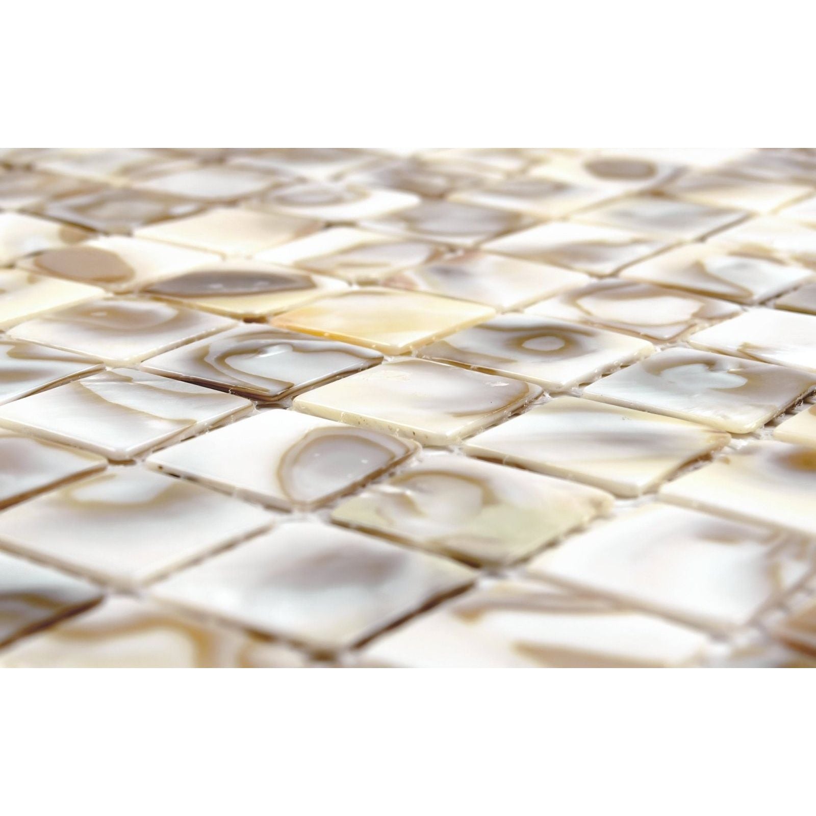 Biscotti 25mm square beige and cream mosaic tiles with swirling natural patterns resembling mother-of-pearl or agate