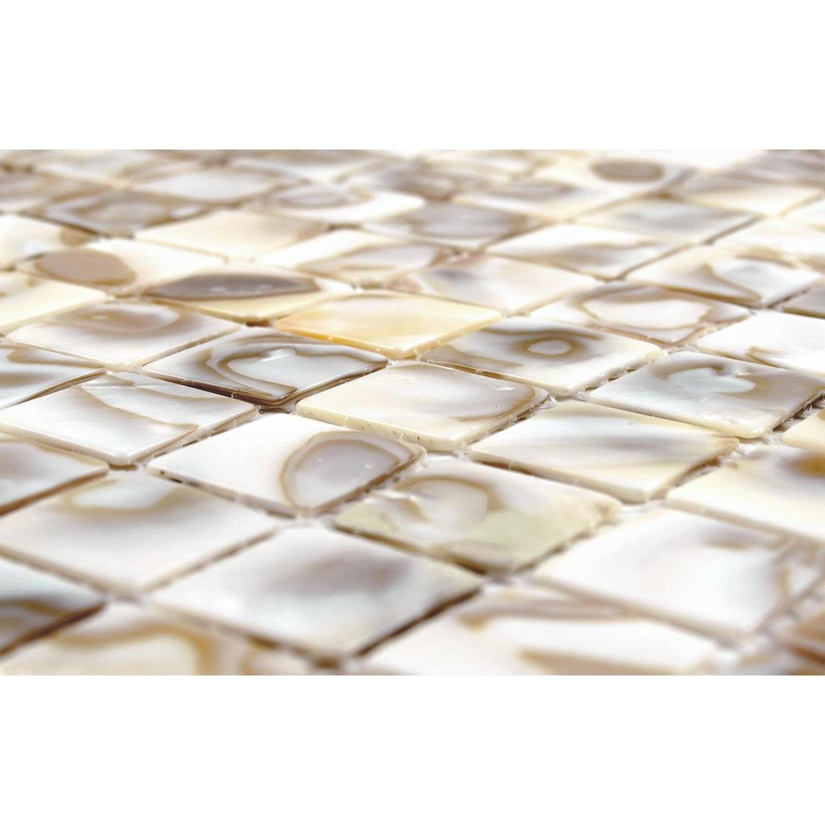 Biscotti 25mm square beige and cream mosaic tiles with swirling natural patterns resembling mother-of-pearl or agate