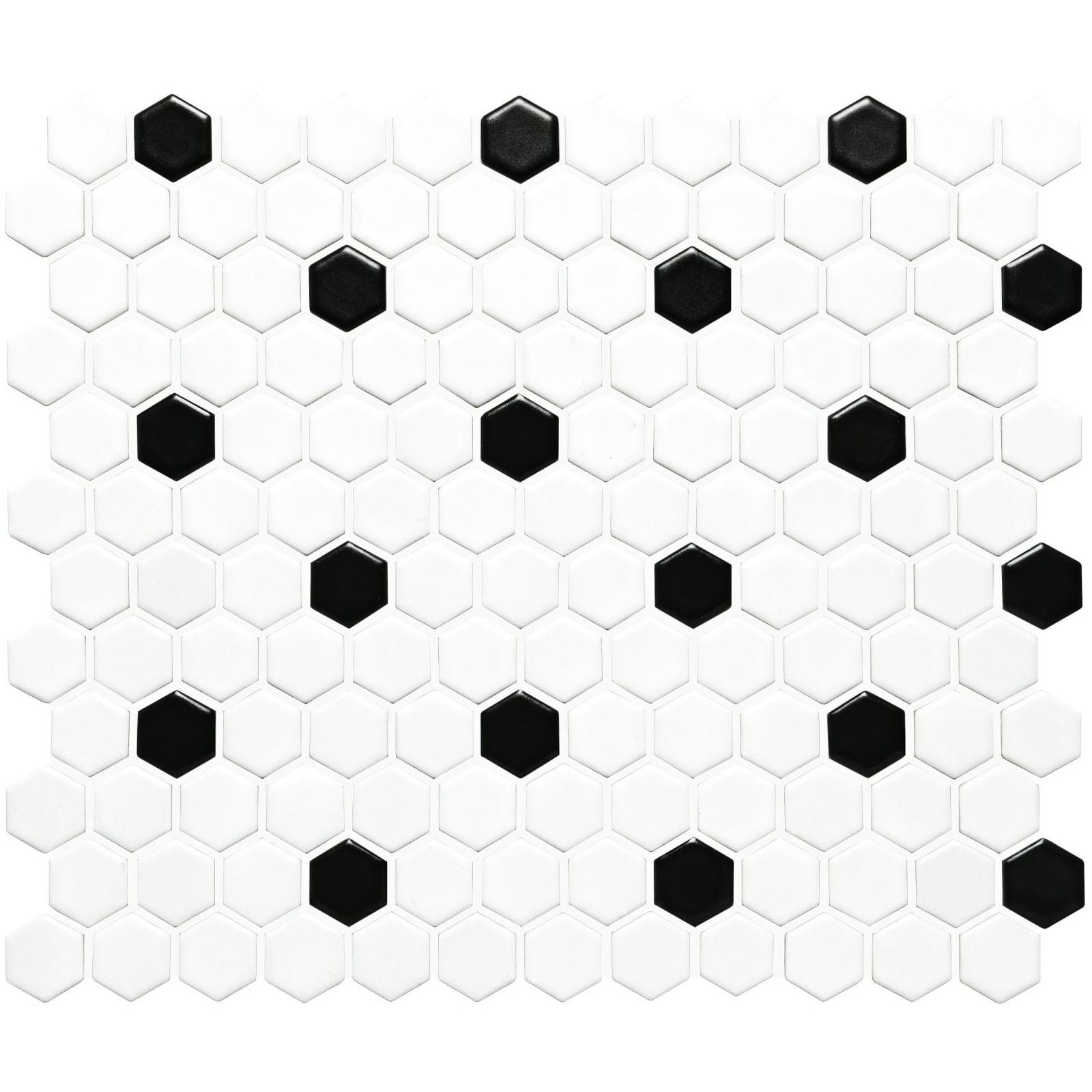 Black and white honeycomb floor mosaic with glossy finish hexagonal tiles for stylish flooring designs