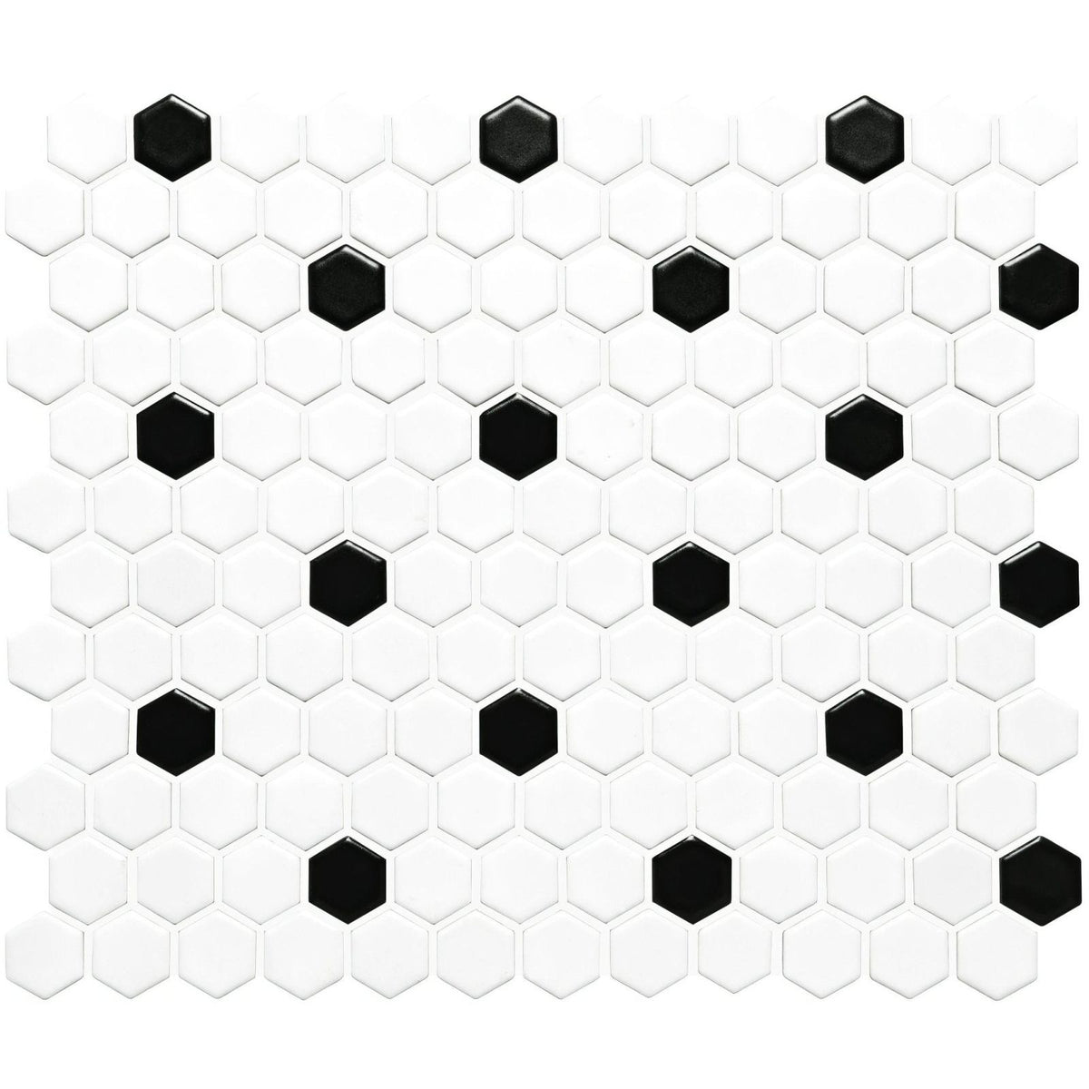 Black and white honeycomb floor mosaic with glossy finish hexagonal tiles for stylish flooring designs