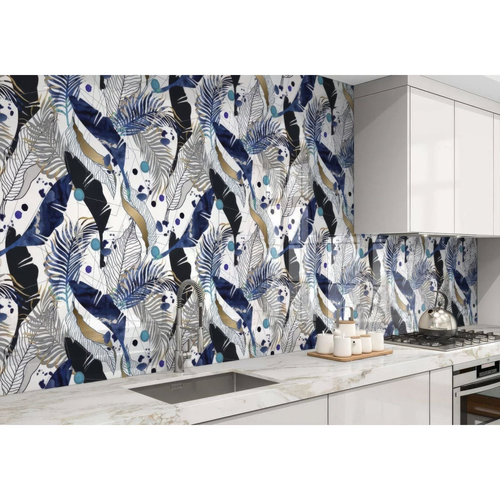 Blue black and gold feather-patterned glass kitchen backsplash tiles from black gold navy leaves feathers shower panel