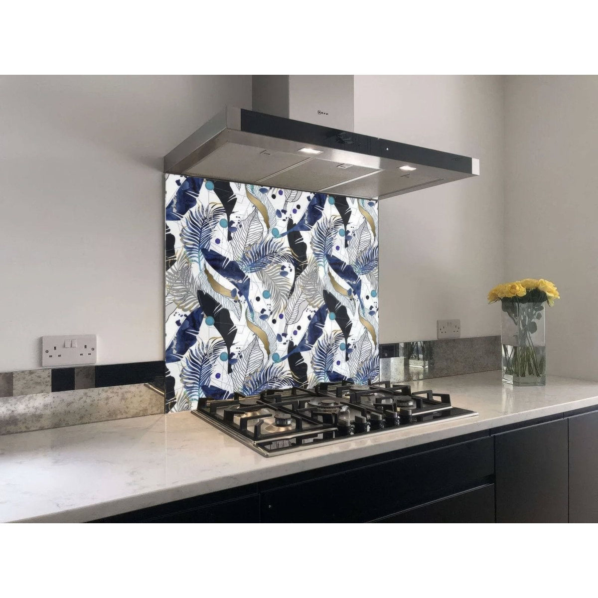 Blue and white glass kitchen backsplash with tropical leaf pattern from black gold navy leaves feathers shower panel