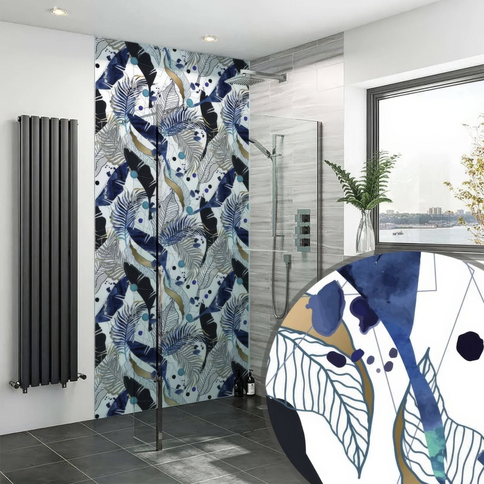 Black gold navy leaves feathers shower panel with blue and white feather patterned wall panel and abstract botanical design