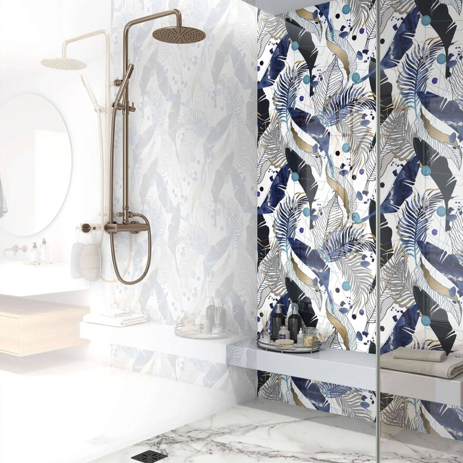 The black gold navy leaves feathers shower panel features a sleek bronze metal circular showerhead with integrated hose
