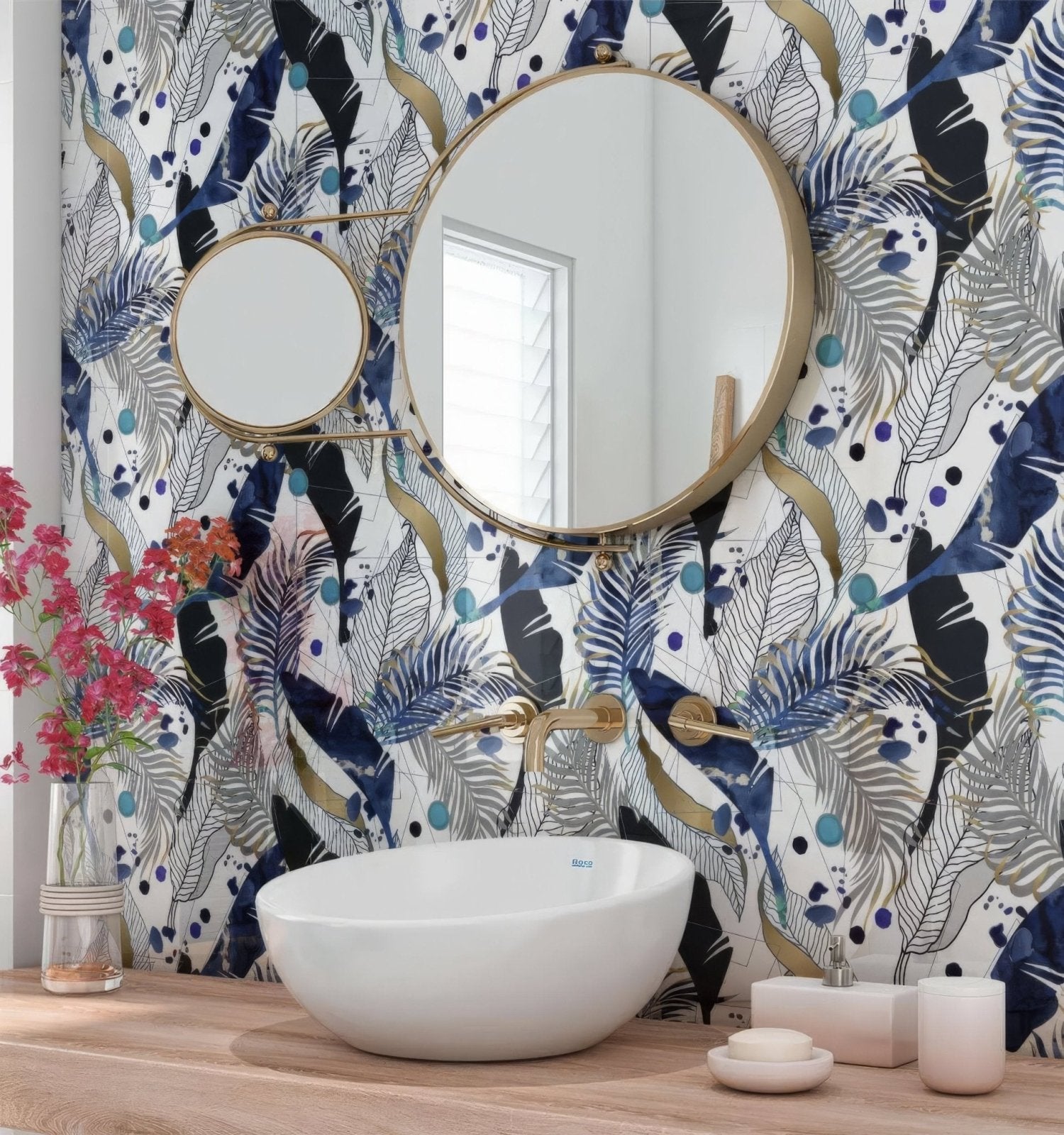 Black Gold Navy Leaves Feathers Shower Panel