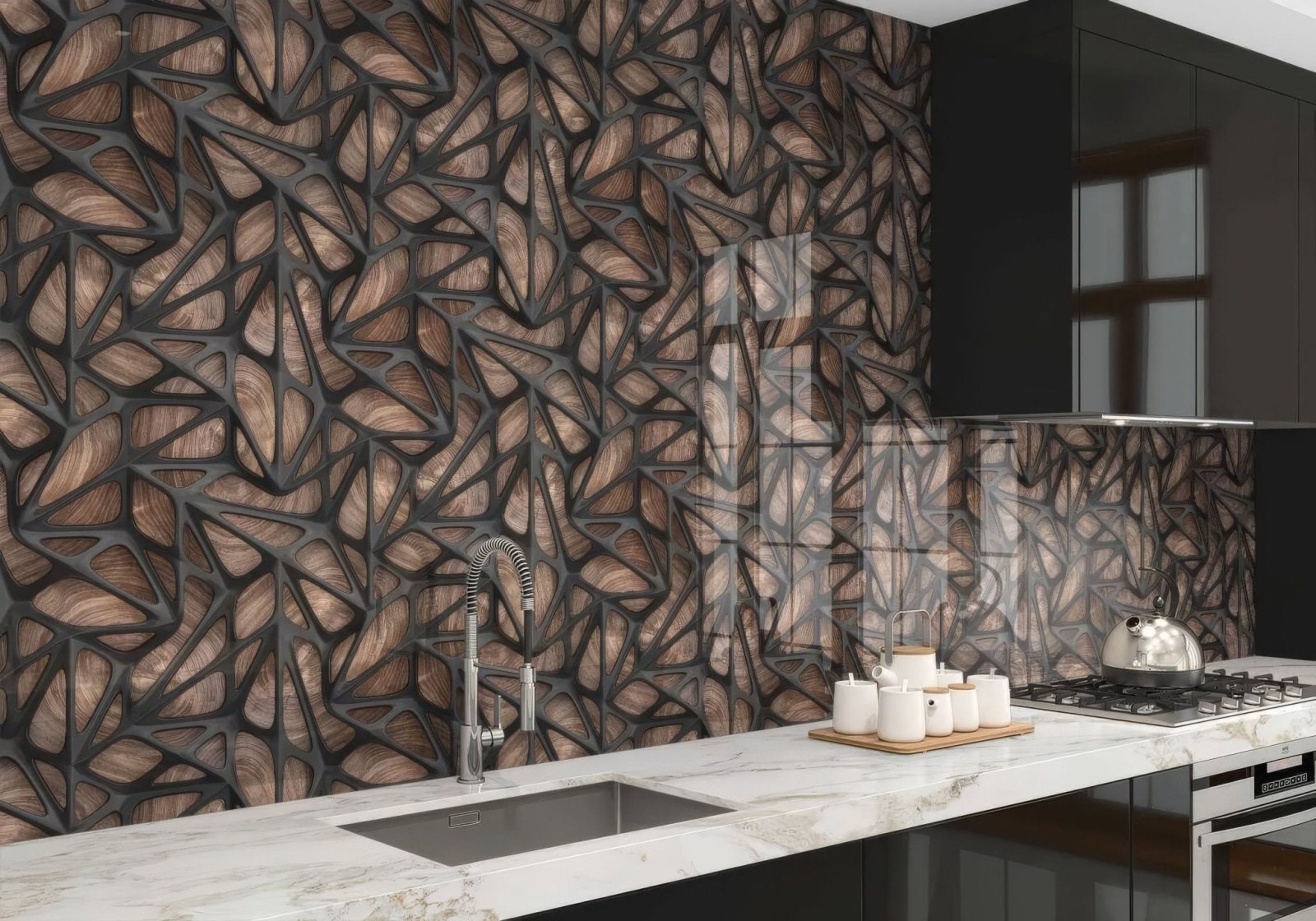 Black grid on wood shower panel featuring a dark bronze and black 3d geometric ceramic tile kitchen backsplash