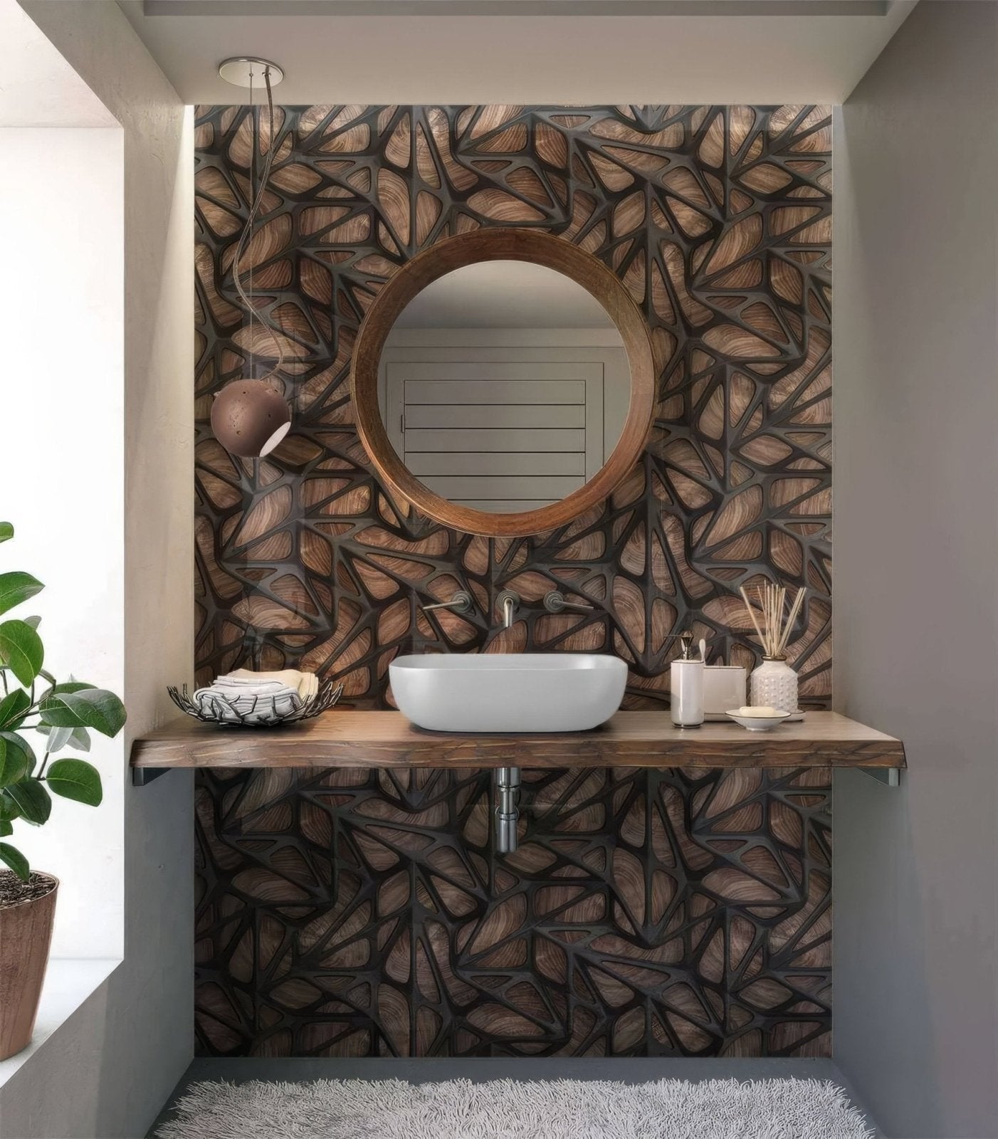 Black Grid on Wood Shower Panel