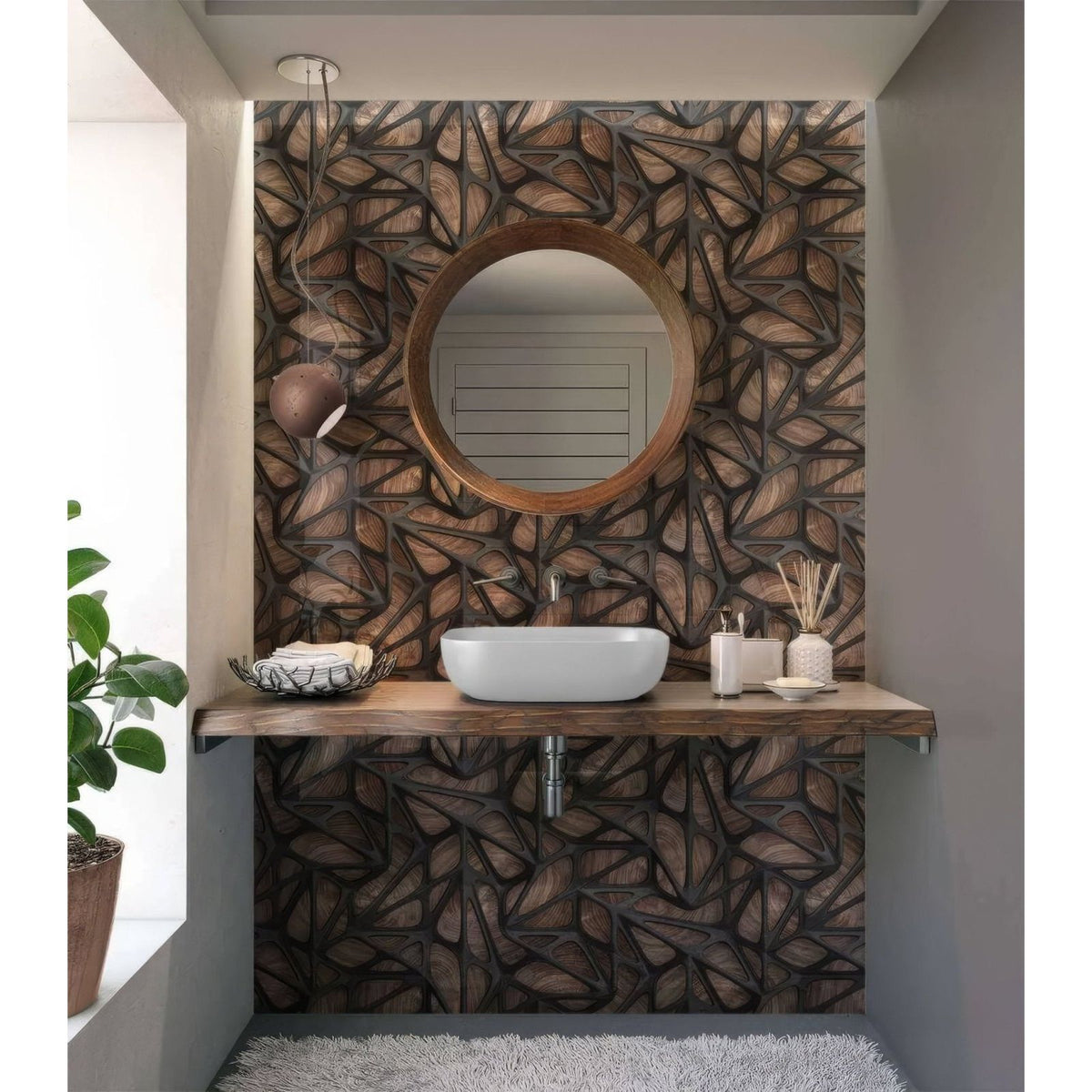 Round wooden-framed mirror with rustic natural wood finish reflecting black grid on wood shower panel