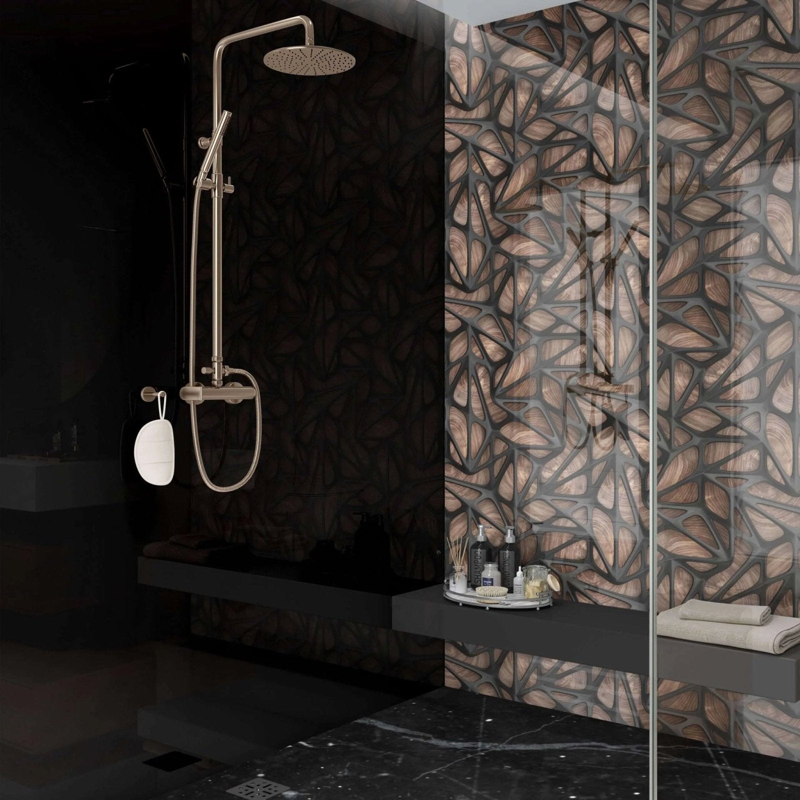Modern brushed brass showerhead with circular perforated design on adjustable chrome arm in black grid on wood shower panel