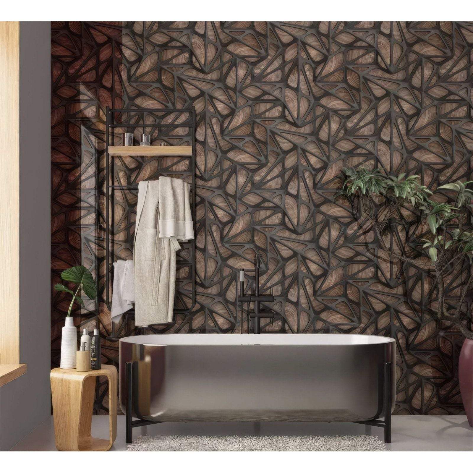 Modern freestanding bathtub with sleek metallic finish and minimalist black legs paired with black grid on wood shower panel