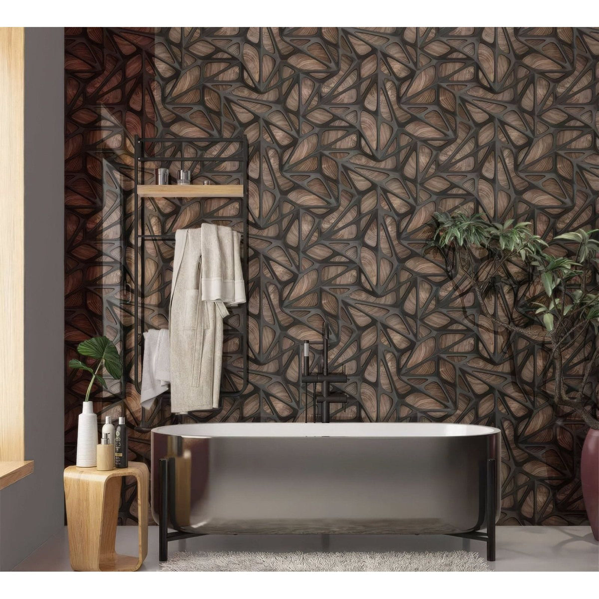 Modern freestanding bathtub with sleek metallic finish and minimalist black legs paired with black grid on wood shower panel