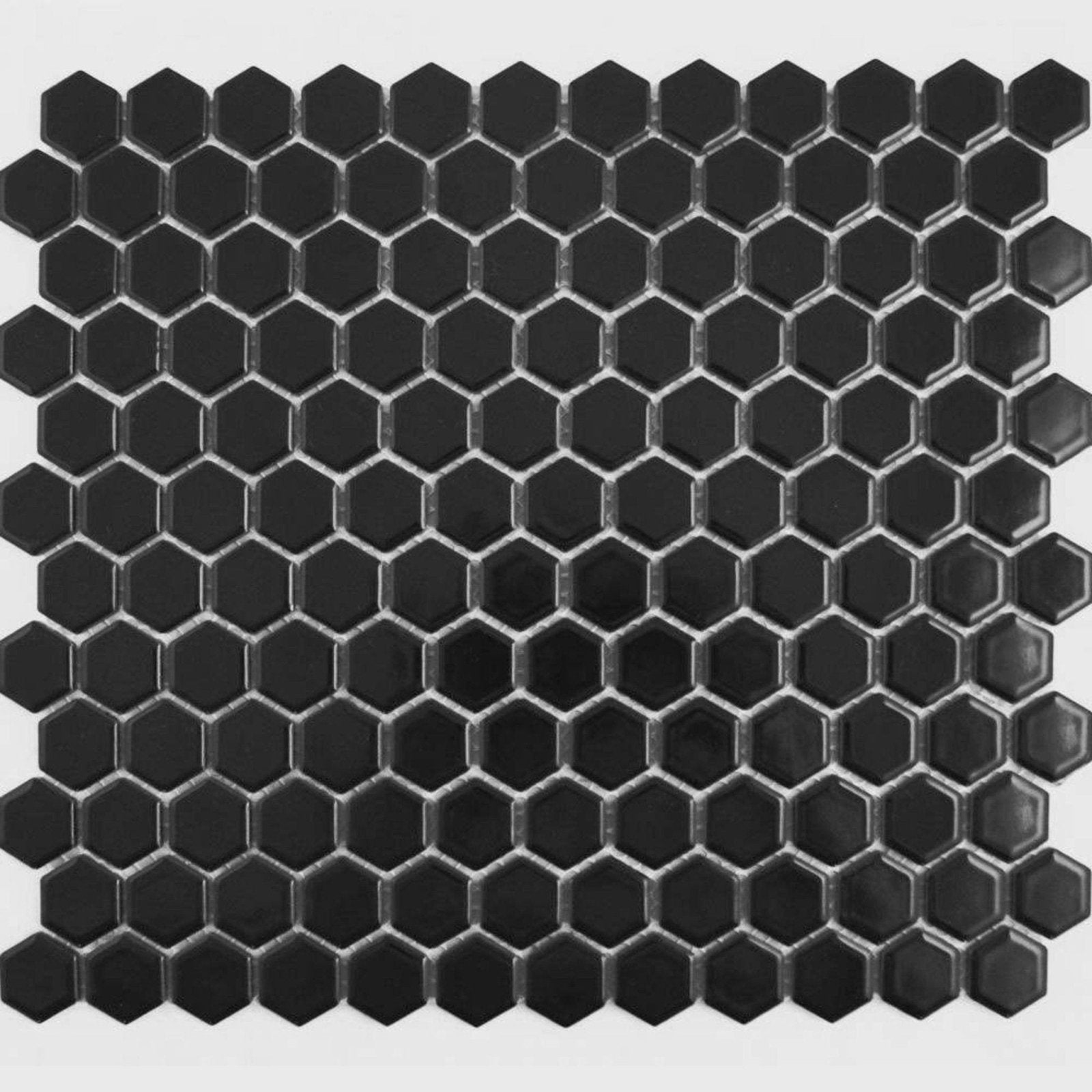 Black honeycomb floor mosaic with glossy black hexagonal tiles and subtle silver grout lines for stylish flooring