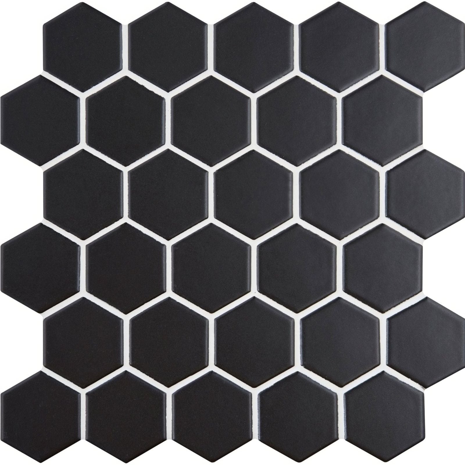 Black large honeycomb floor mosaic with black hexagonal tiles and white grout lines for modern flooring design