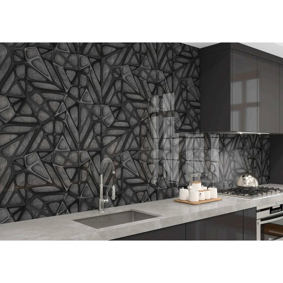 Dark gray geometric patterned kitchen backsplash with textured faceted design in black lattice grid concrete shower panel