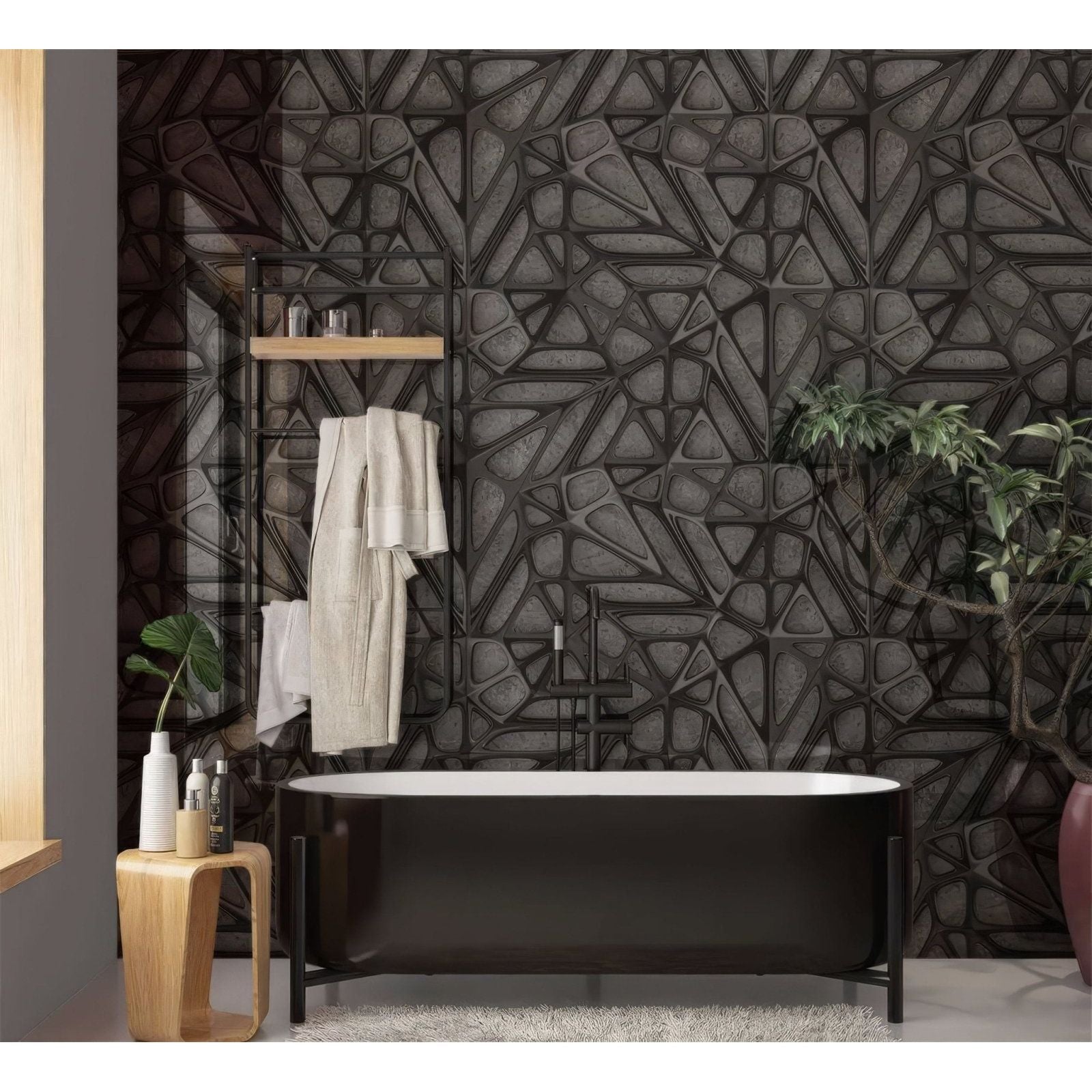 Black freestanding bathtub with sleek modern design and minimalist metal legs next to black lattice grid concrete shower panel