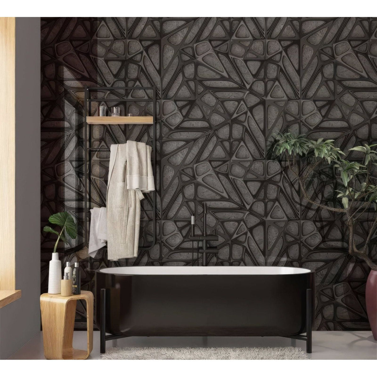 Black freestanding bathtub with sleek modern design and minimalist metal legs next to black lattice grid concrete shower panel