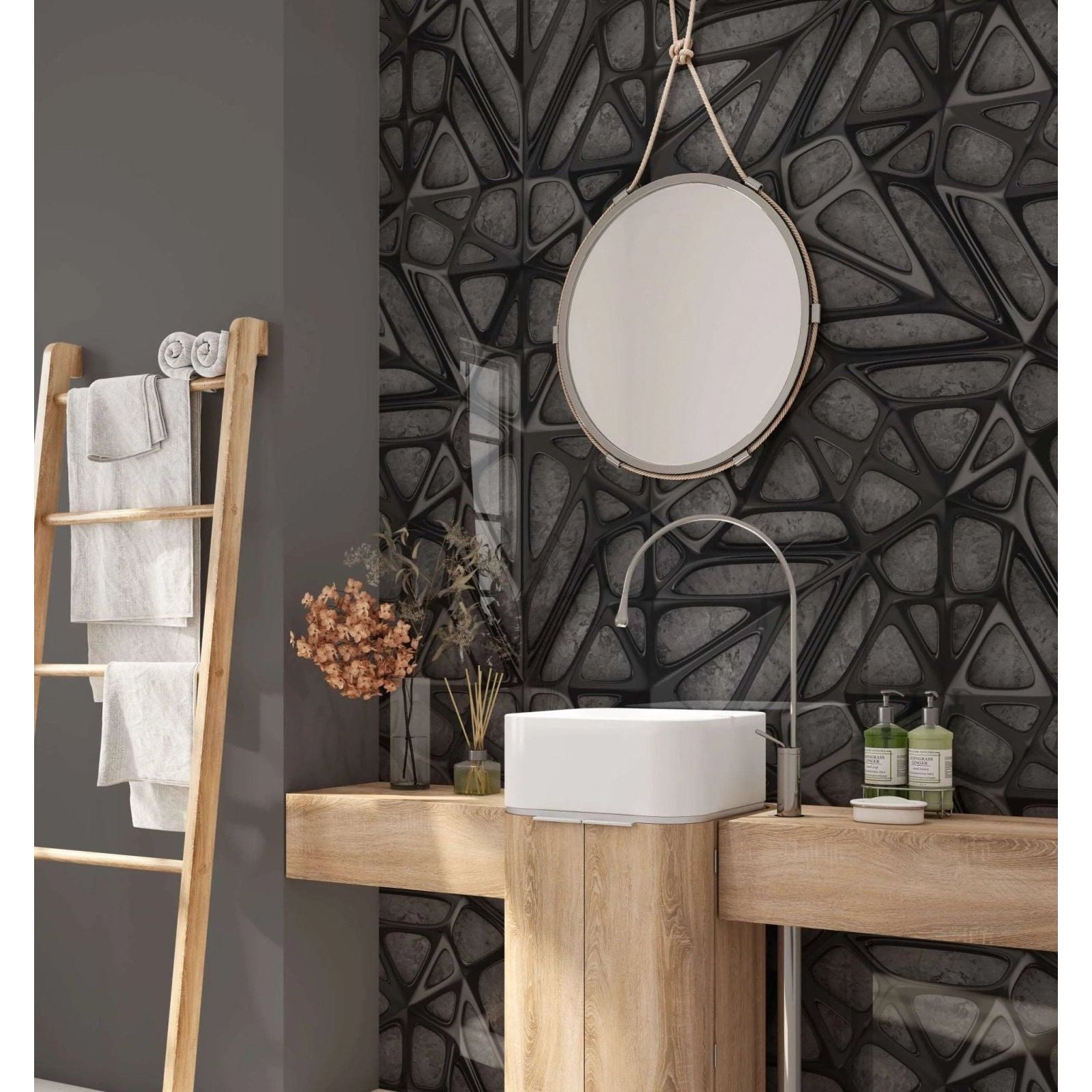 Round mirror with silver frame hanging by rope on black lattice grid concrete shower panel background