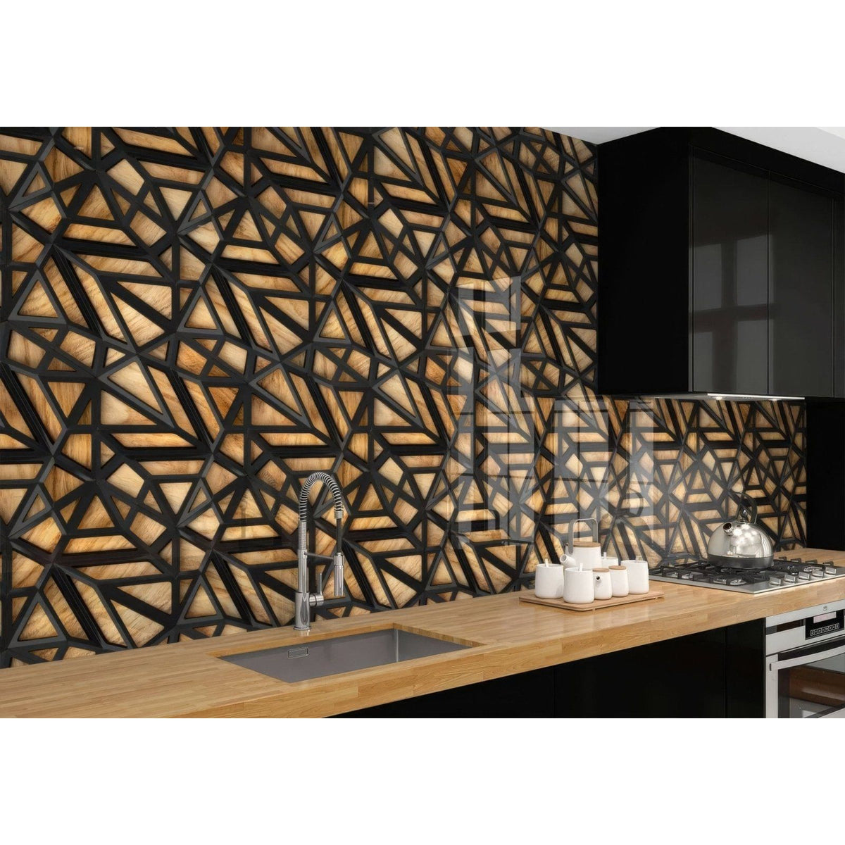 Black lattice grid on wood shower panel with geometric wood and black metal kitchen backsplash design