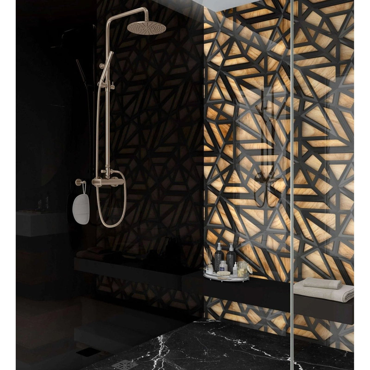 Modern brushed nickel showerhead with sleek curved circular spray head on black lattice grid wood shower panel
