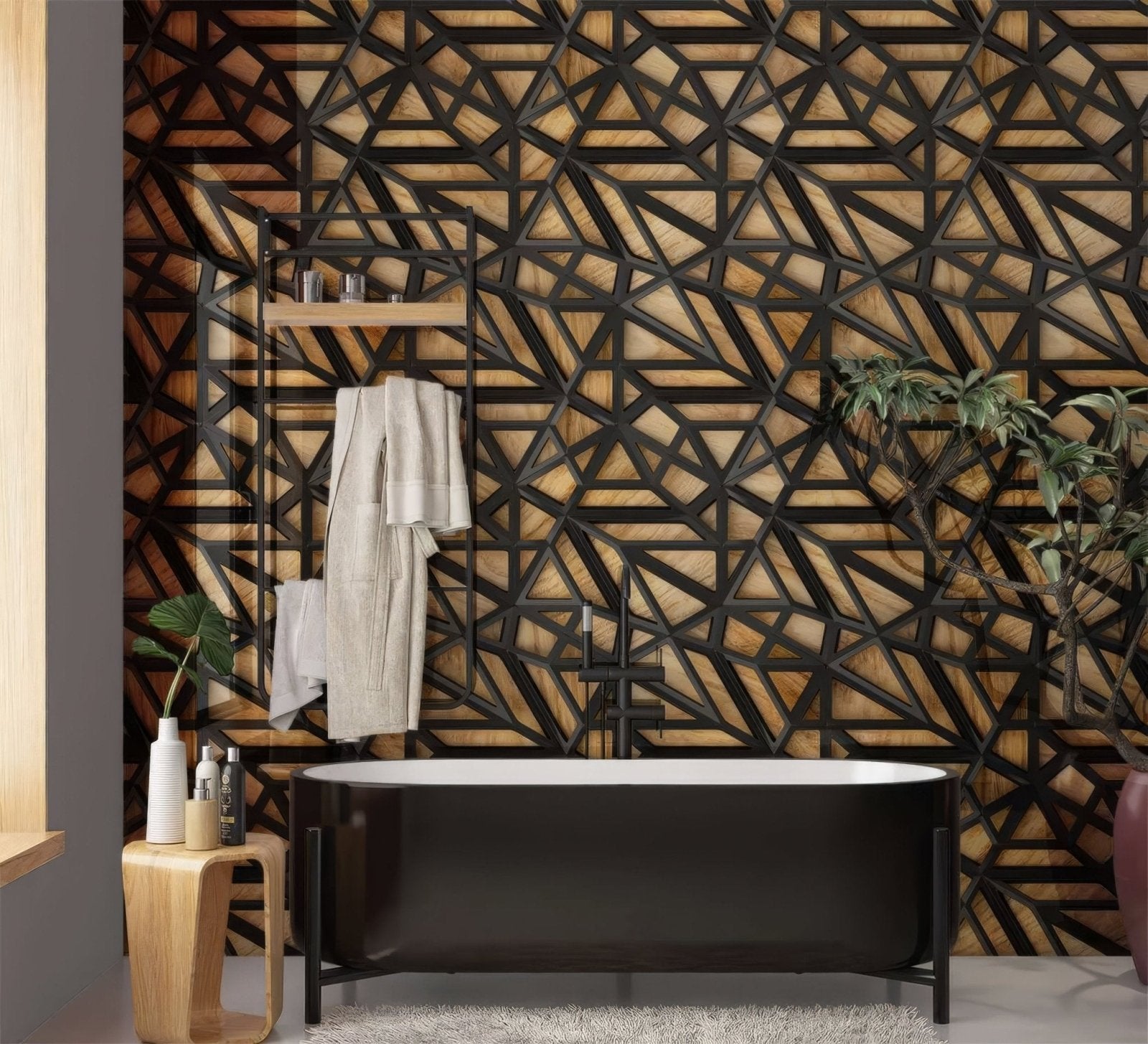 Black Lattice Grid on Wood Shower Panel