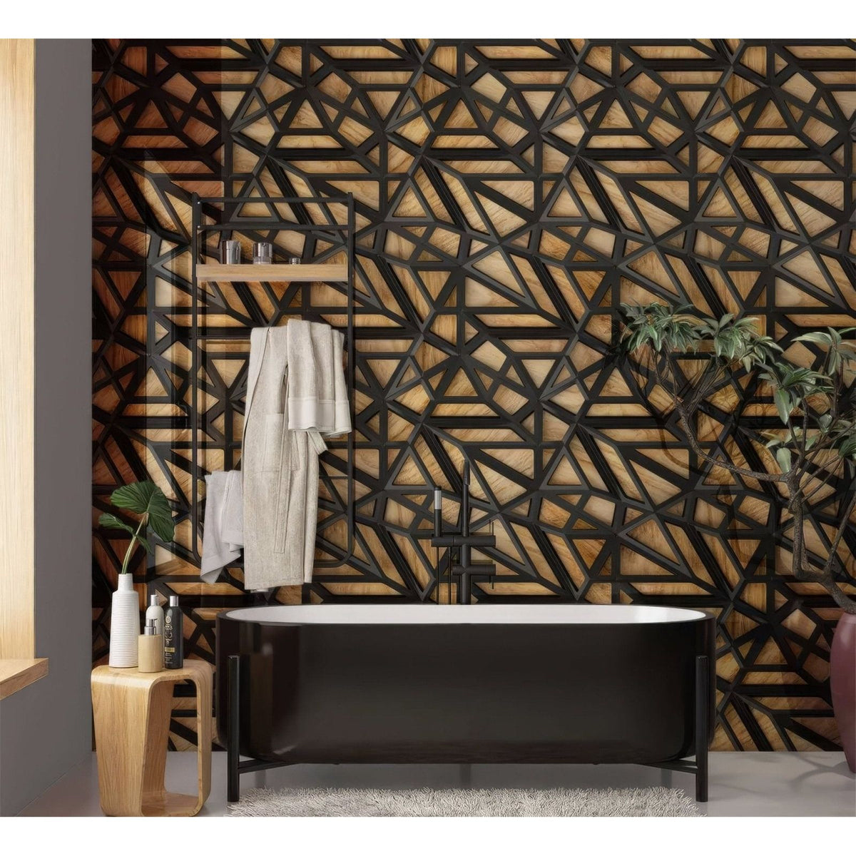 Black freestanding bathtub with sleek modern design and minimalist metal legs shown with black lattice grid on wood shower panel