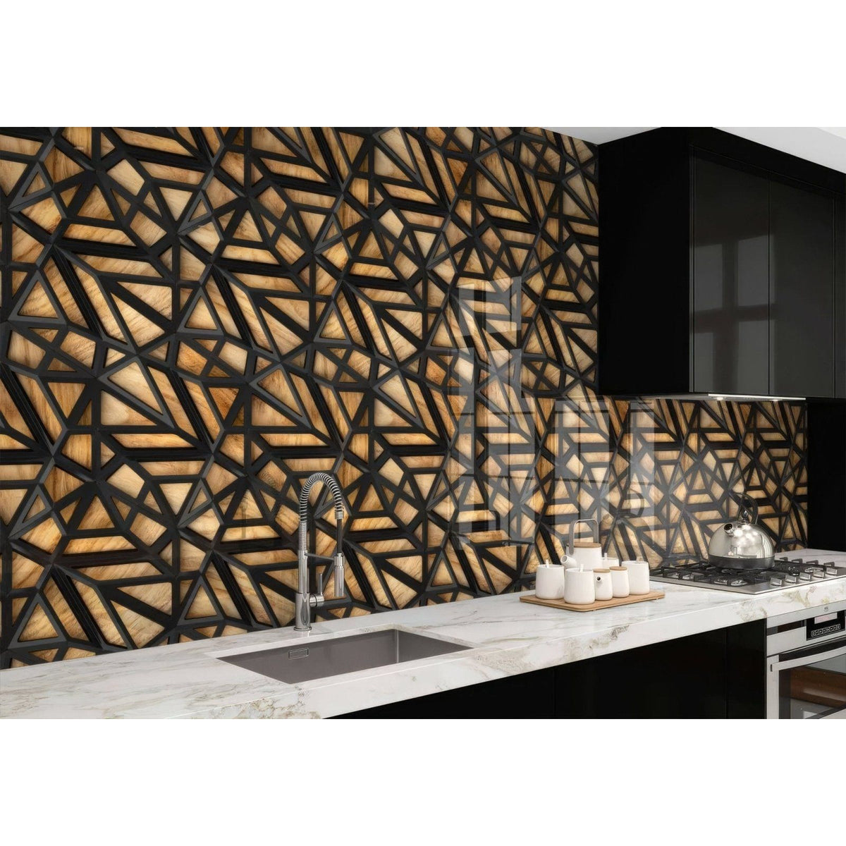 Black lattice grid on wood shower panel with geometric black metal frames and warm golden brown wood panels backsplash