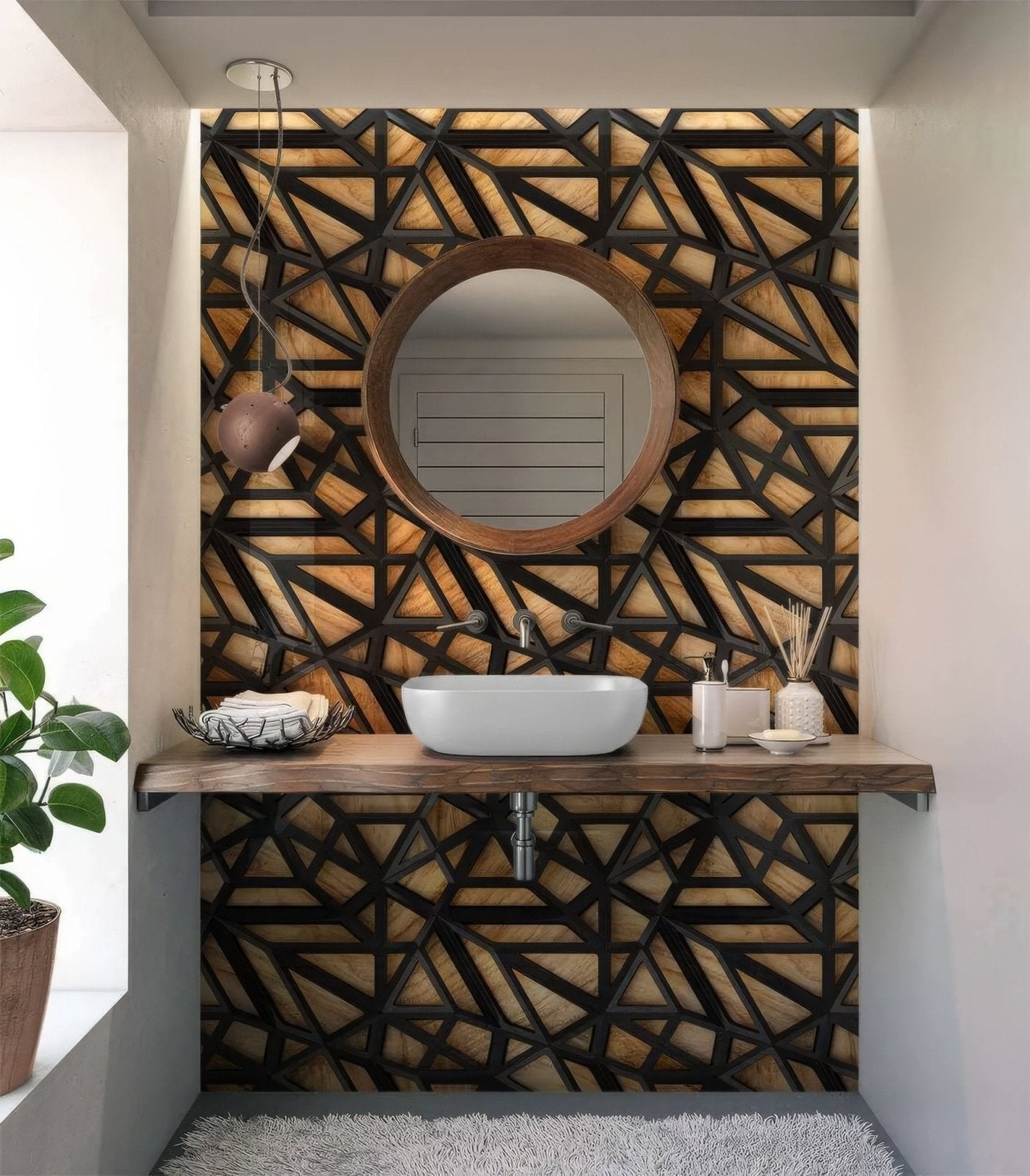 Black Lattice Grid on Wood Shower Panel