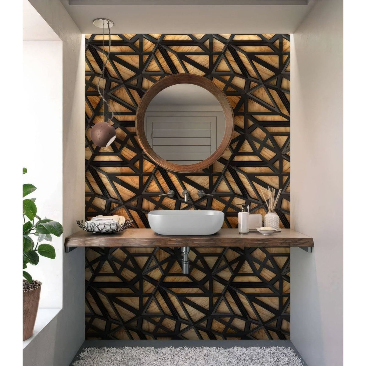 Round wooden-framed mirror with geometric pattern and black accent wall behind black lattice grid on wood shower panel