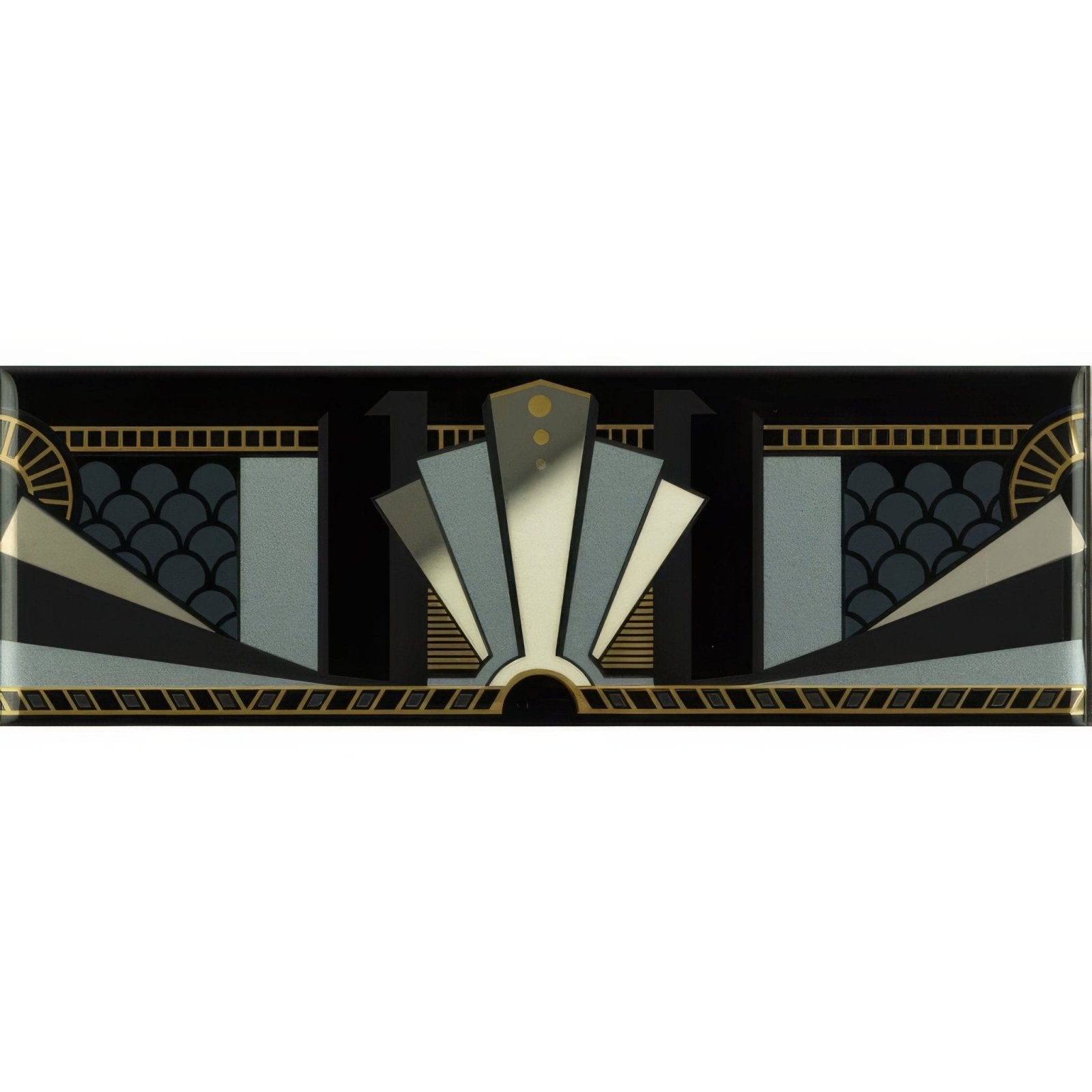 Art deco-style black rectangular decorative tile with gold and platinum geometric patterns for borders