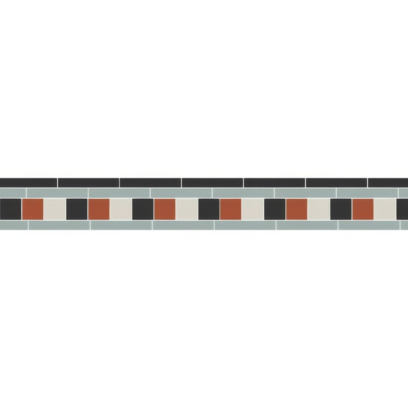 A decorative mosaic tile border with black terracotta and beige squares in light gray grout from blake black dover white grey and red