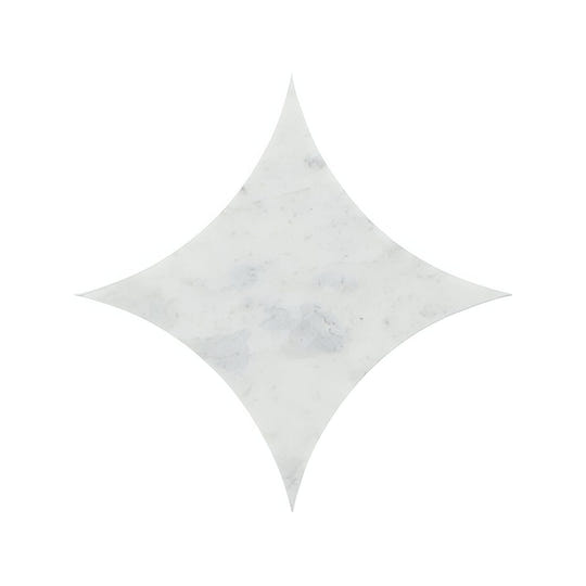 White marble tile blends carrara star with a star shaped design and subtle gray veining for elegant flooring and walls