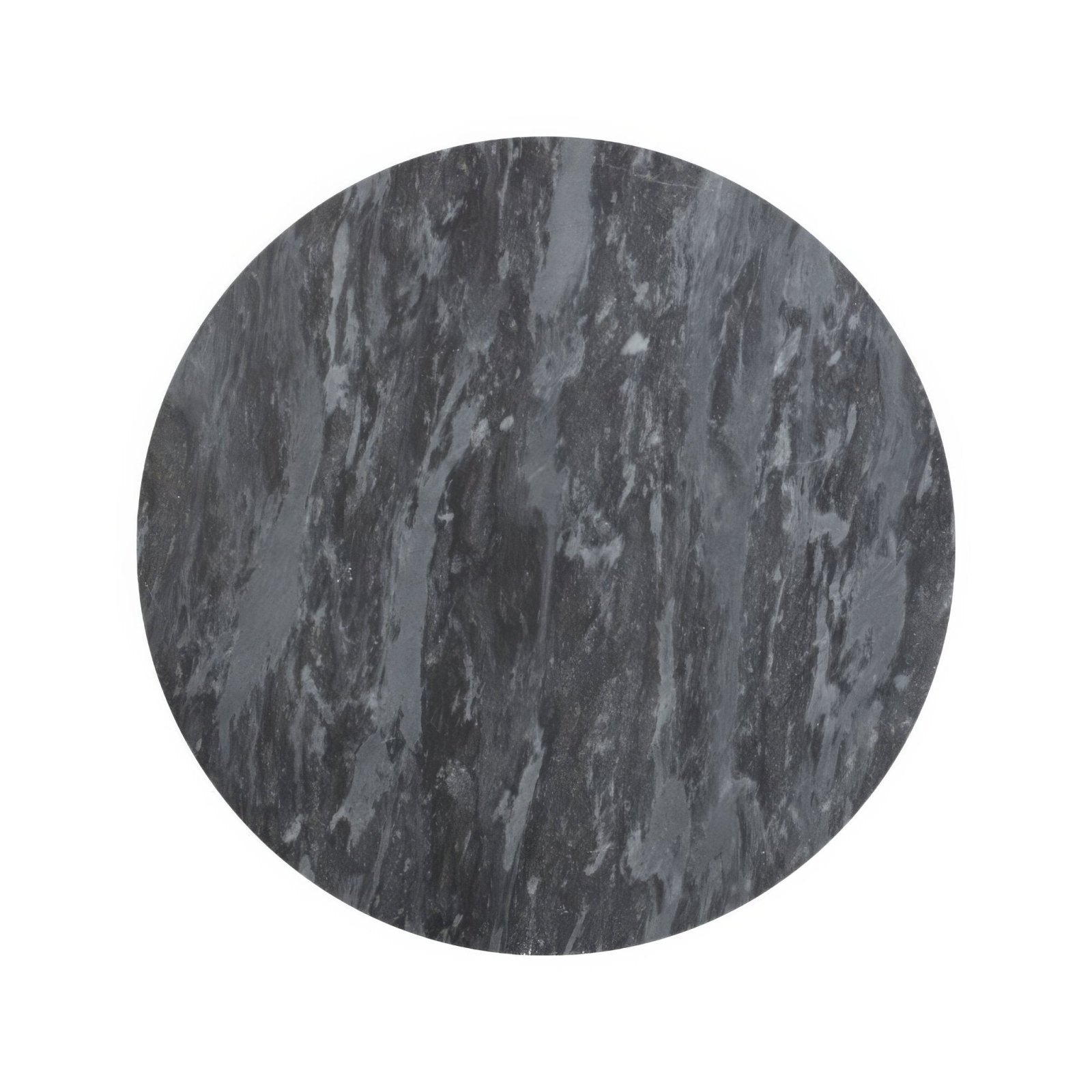 Circular dark gray marble slab with swirling lighter gray veining blended in the Blends nero circle design