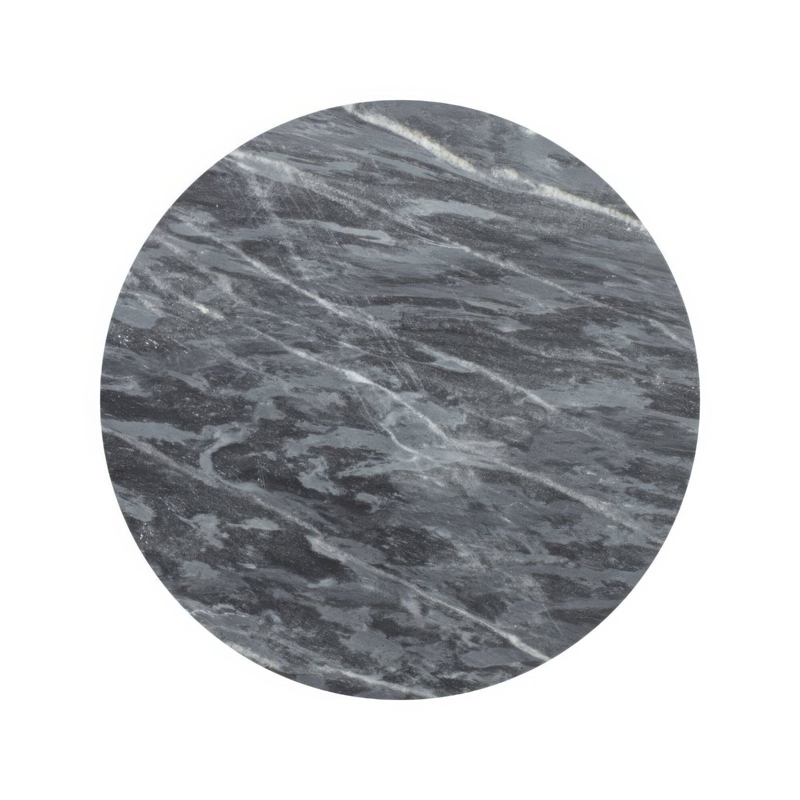Circular slab of dark gray marble with swirling white veining in blends nero circle design