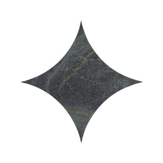 Dark gray marble tile blends verde star with a star-shaped cutout design for decorative flooring and wall accents