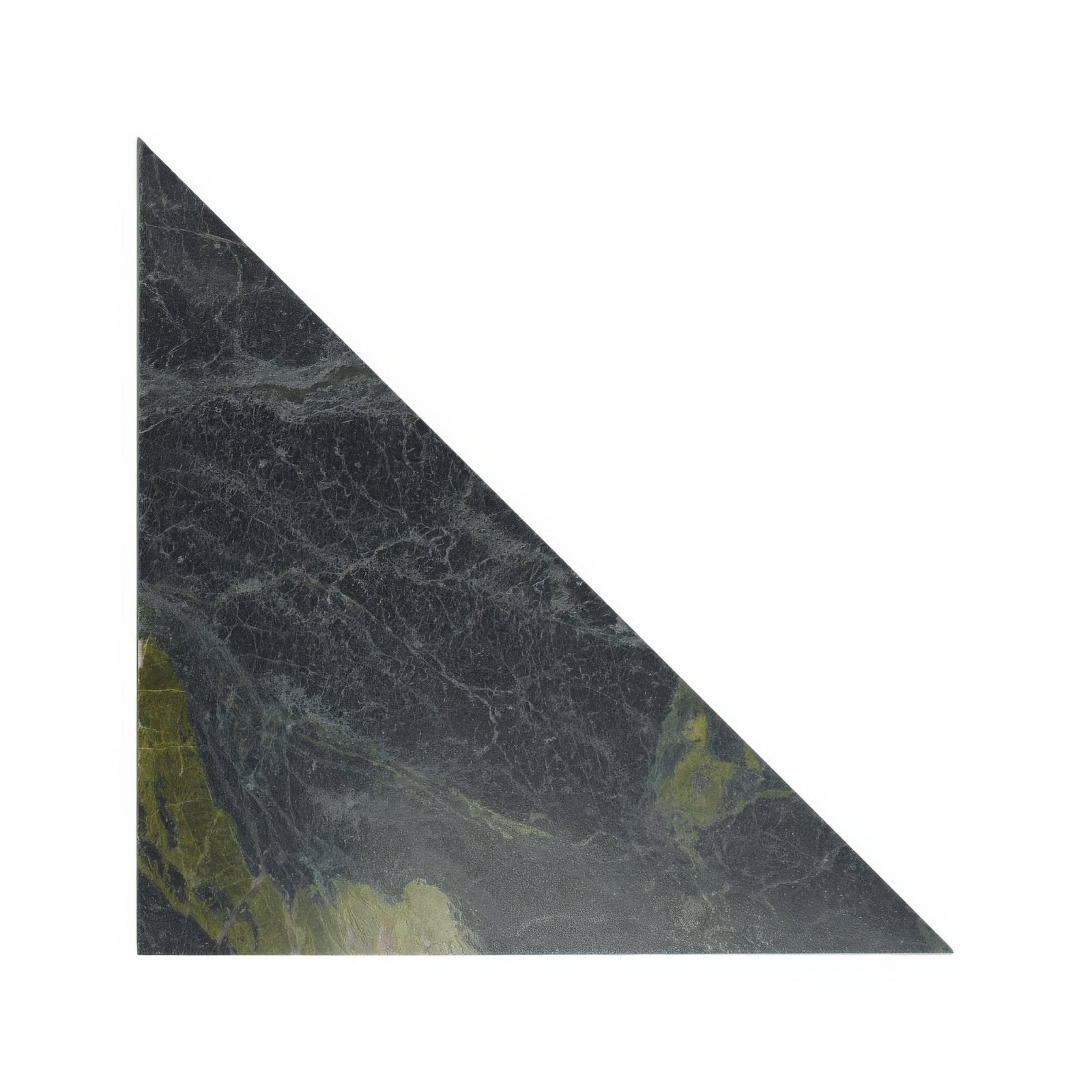 Dark green marble tile blends verde triangle with swirling veining and subtle yellowish-green accents