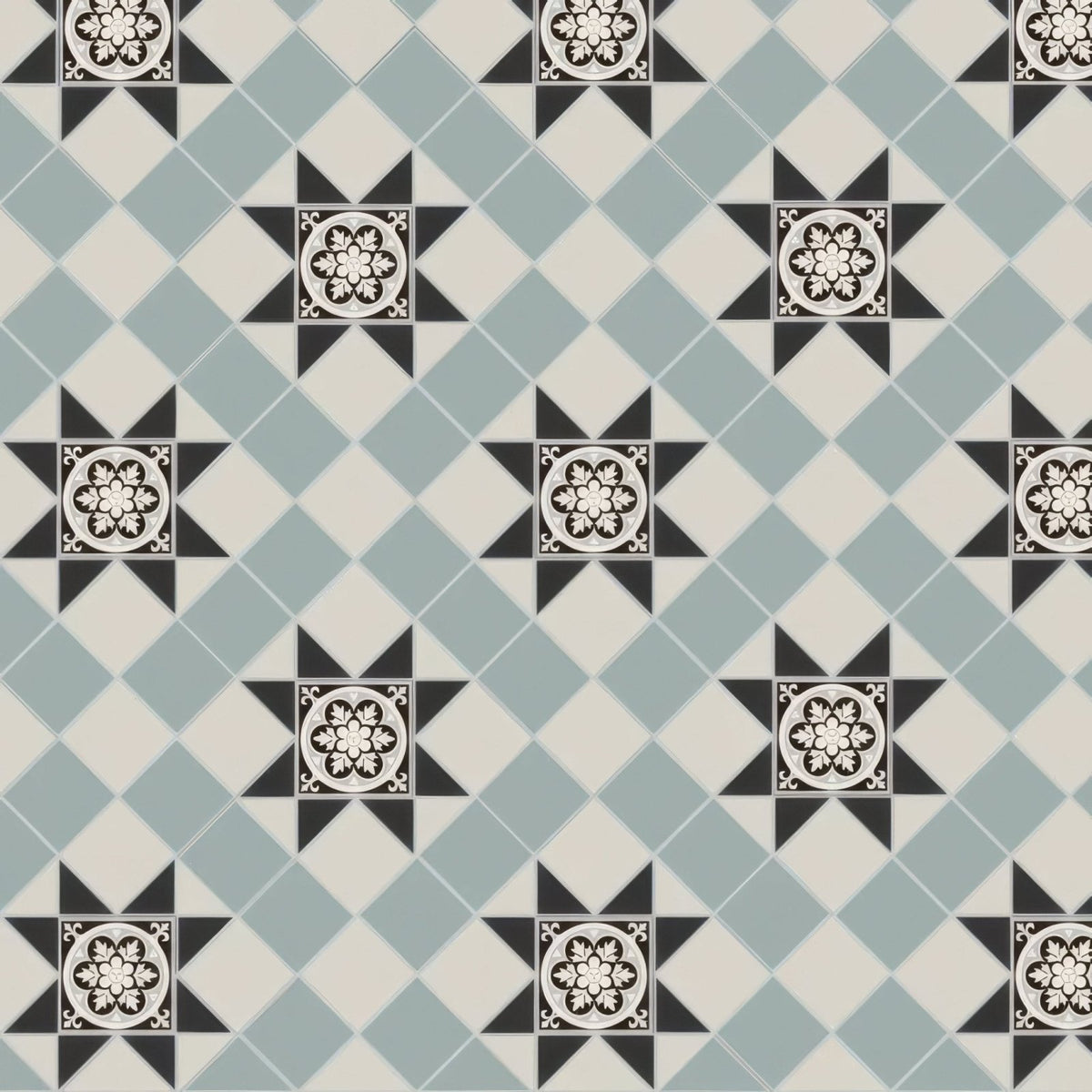 Patterned tile blenheim black dover white and grey with livingstone drop-in featuring light blue black cream diamonds and medallions