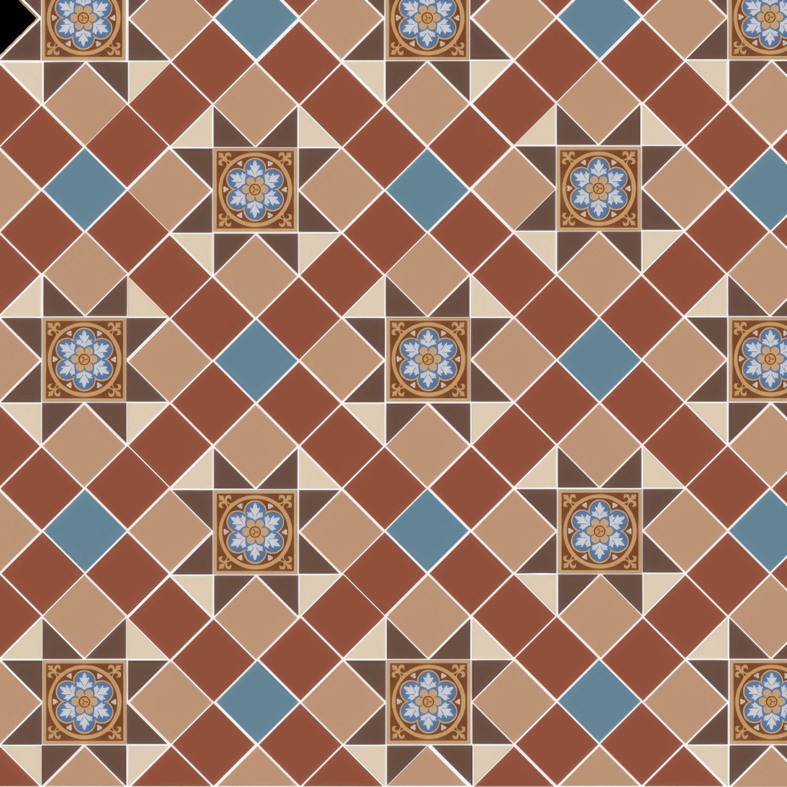 Blenheim Blue, Brown, Buff, Red & White with Livingstone Blue on Buff shown as flooring (2)