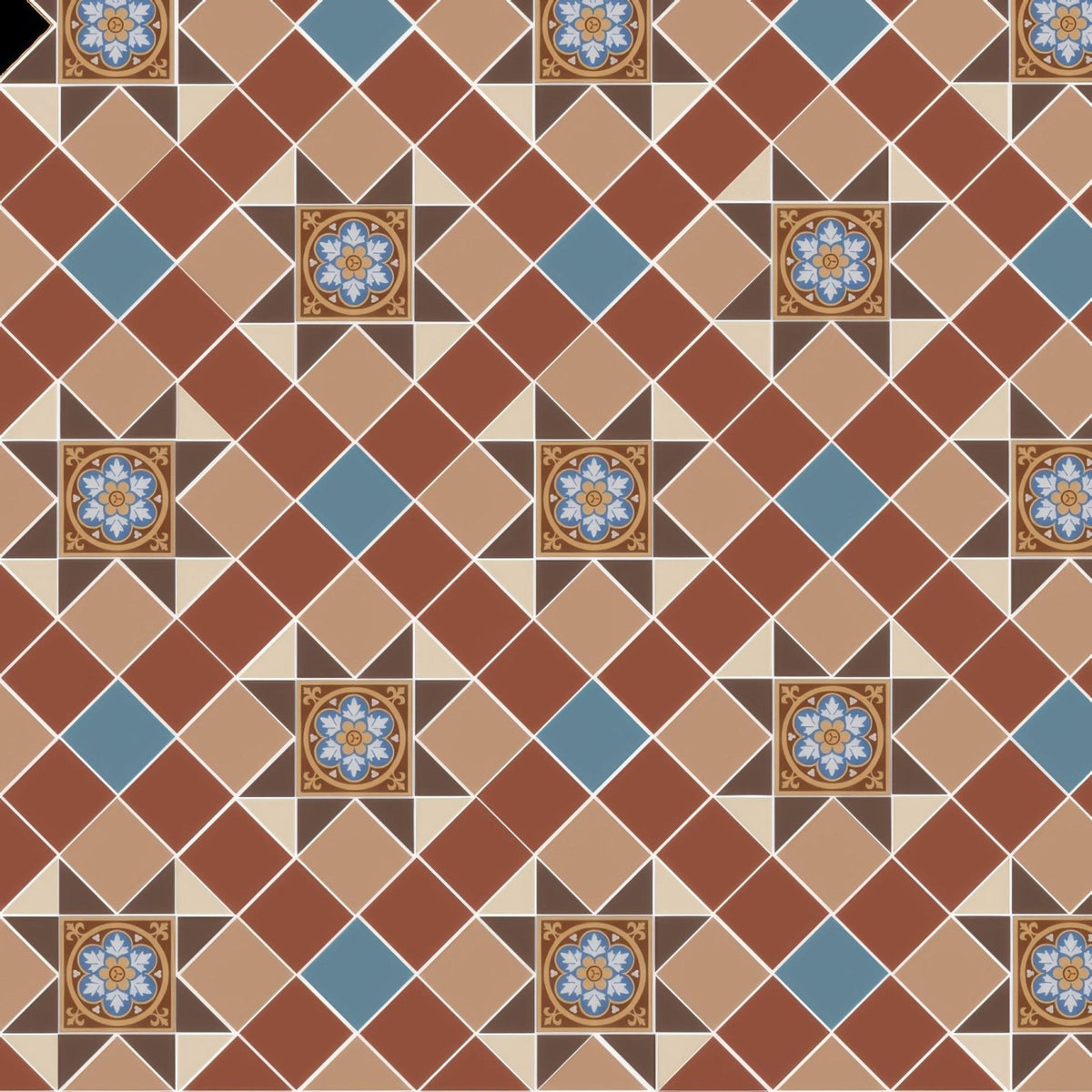 Blenheim Blue, Brown, Buff, Red & White with Livingstone Blue on Buff shown as flooring (2)