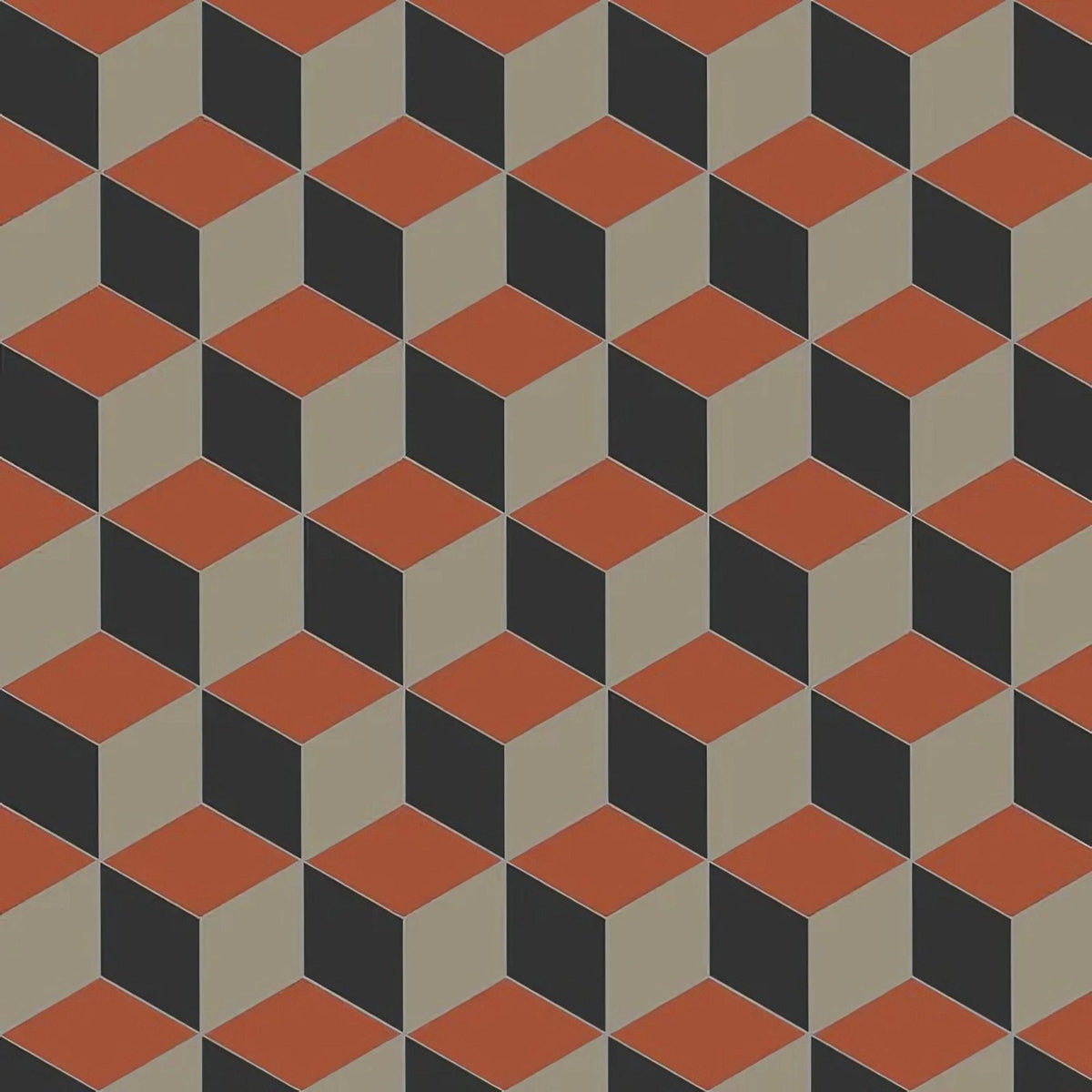 Bloomsbury red black and holkham dune fabric with a repeating geometric pattern of interlocking terracotta charcoal and beige cubes