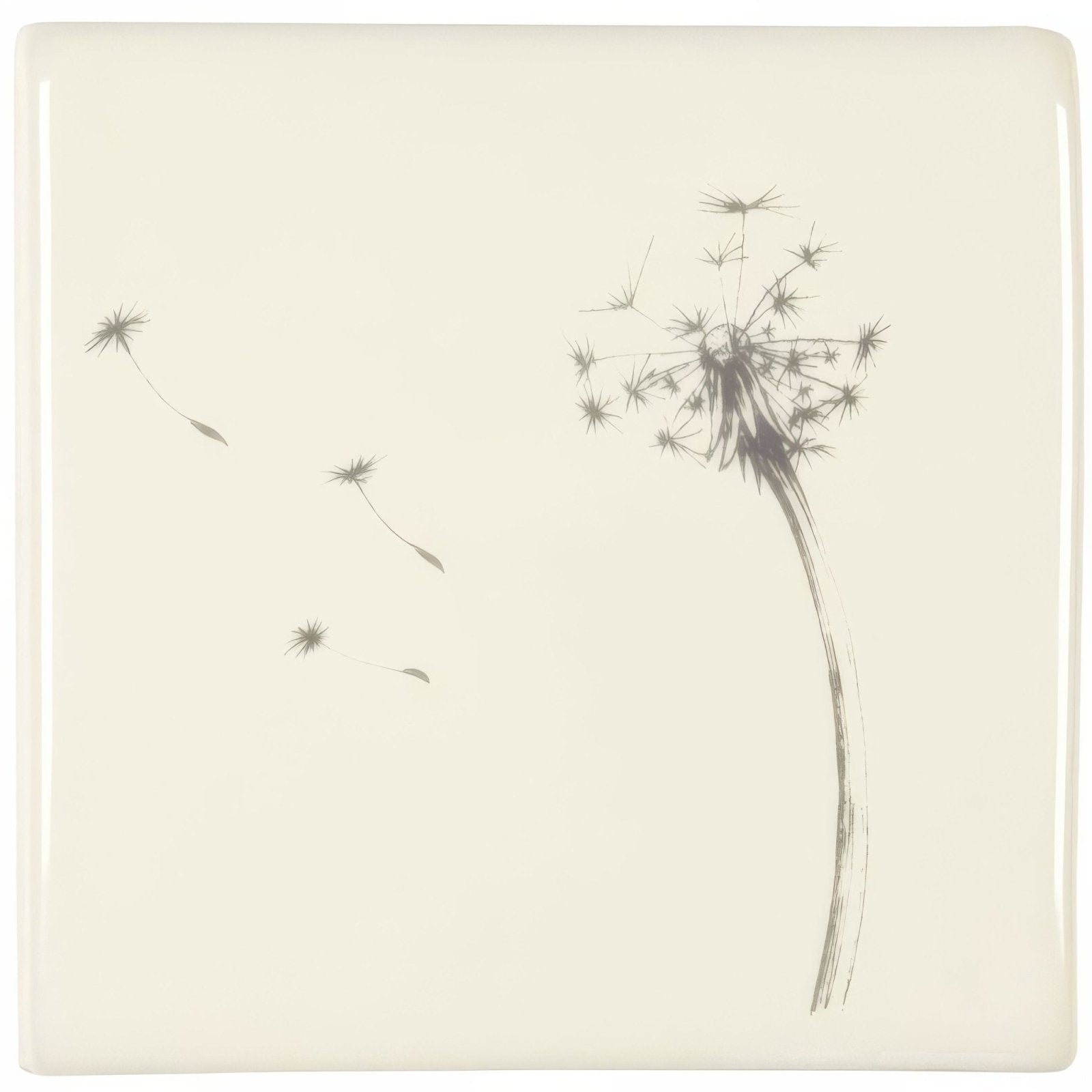 Cream-colored ceramic coaster with a delicate black ink dandelion illustration blowing seeds on off white background