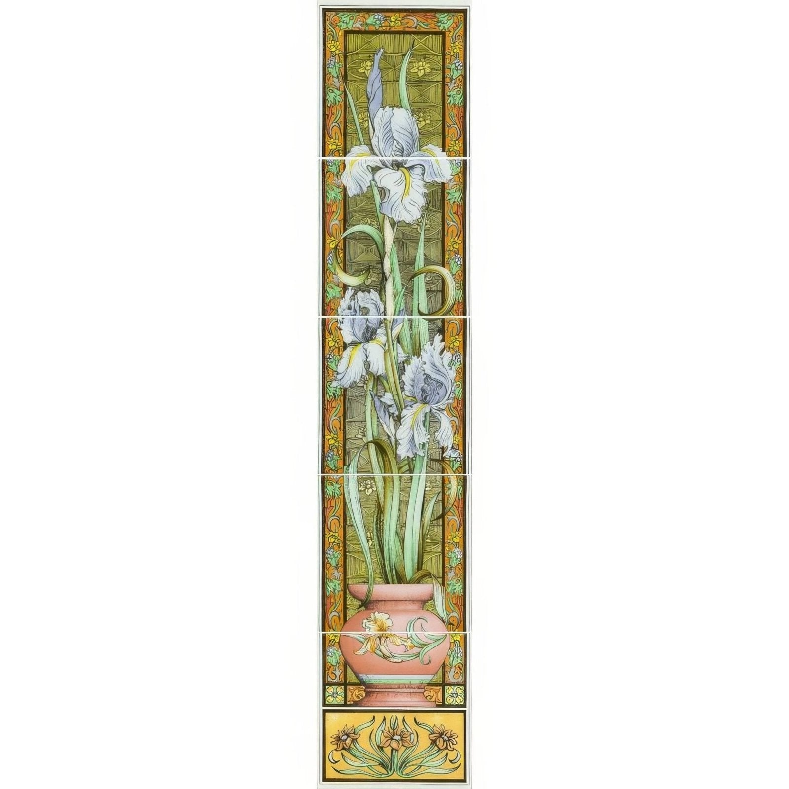 Blue iris 5-tile set ceramic mural featuring art deco white irises in pink vase on gold and green background